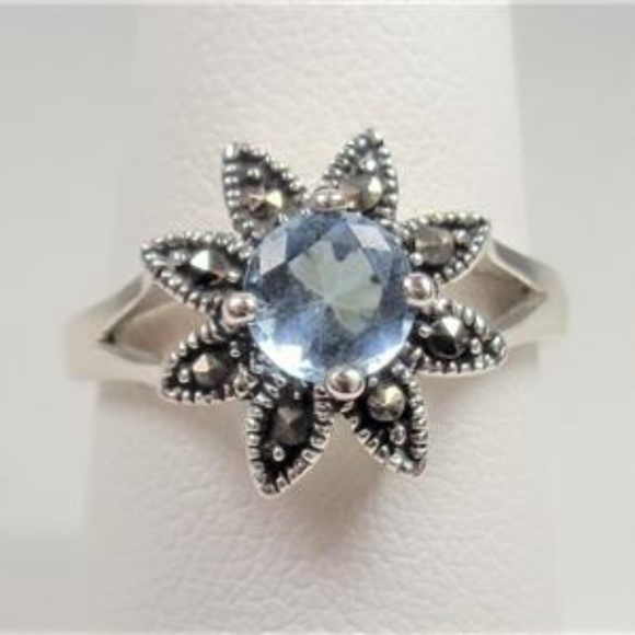 Jewelry - SILVER AQUA & MARCASITE STONES ISLAND FLOWER RING